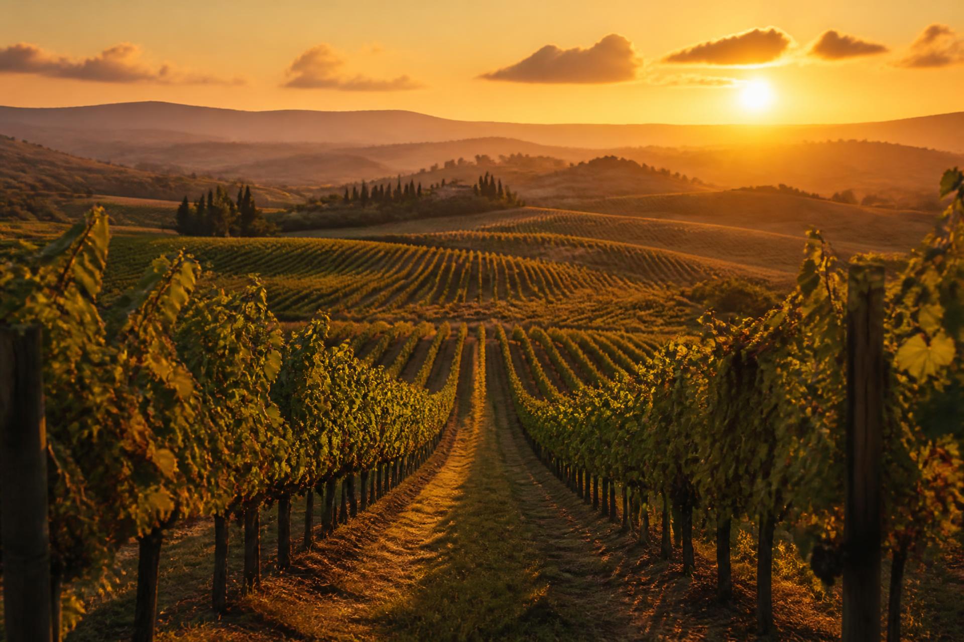 Rows of vines receding toward low hills at golden hour